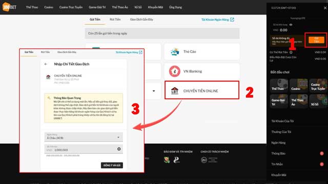Các bước gửi tiền vào 88bet với Chuyển Tiền Online